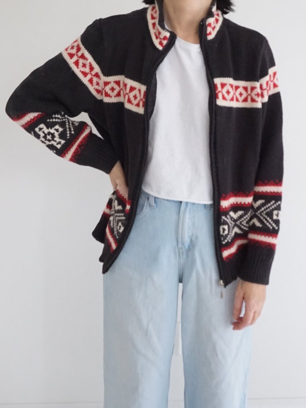 Vintage Charter Club Black Nordic Fair Isle Zip Front Cabin Knit Cardigan 1X